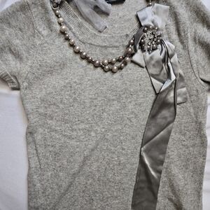 Twin-Set Light Gray Knit Top with Pearl Necklace Detail Italian